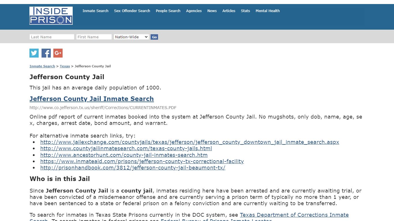 Jefferson County Jail - Texas - Inmate Search